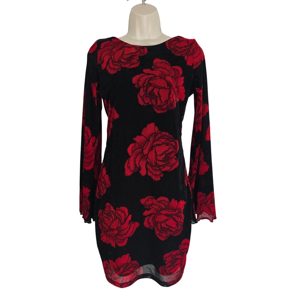Thirty Thirty LA Red Rose Velvet Mesh Bell Sleeve Mini Dress Black M 7DDED260